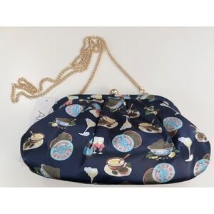 Alessia Caviar Navy Satin Print Frame Clutch Handbag Gold Chain YG72299 NEW